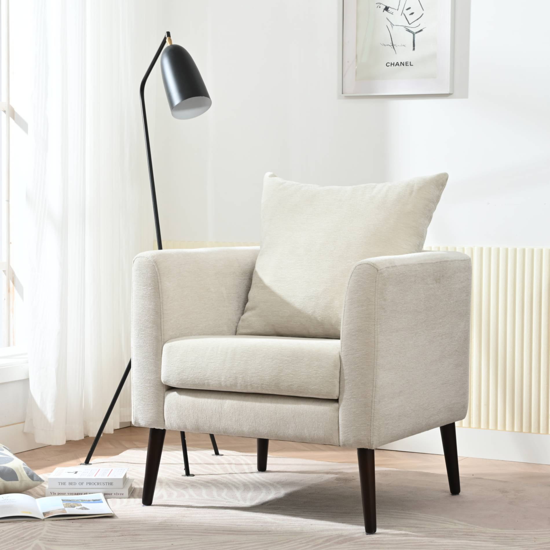 Barrel Accent Chair Upholstered Armchair with Back Pillow Modern Reading Chairs for Living Room, Beige