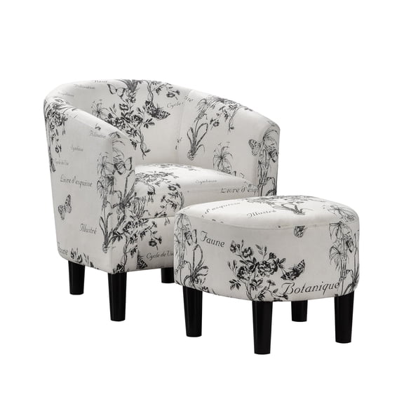 Barrel Accent Chair and Ottoman Set in Botanical Print Pattern