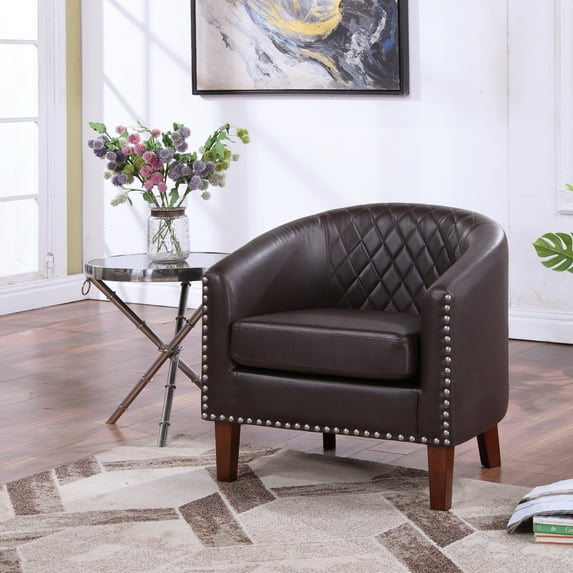 Barrel Accent Chair for living room, modern Leather Club Barrel Chair comfy Reading Armchair for Bedroom, Brown