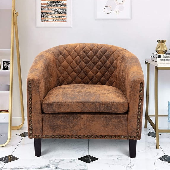 Barrel Accent Chair with Arms Pu Leather Club Chairs with Nailheads and Solid Wood Legs Side Chairs Upholstered Chair for Living Room
