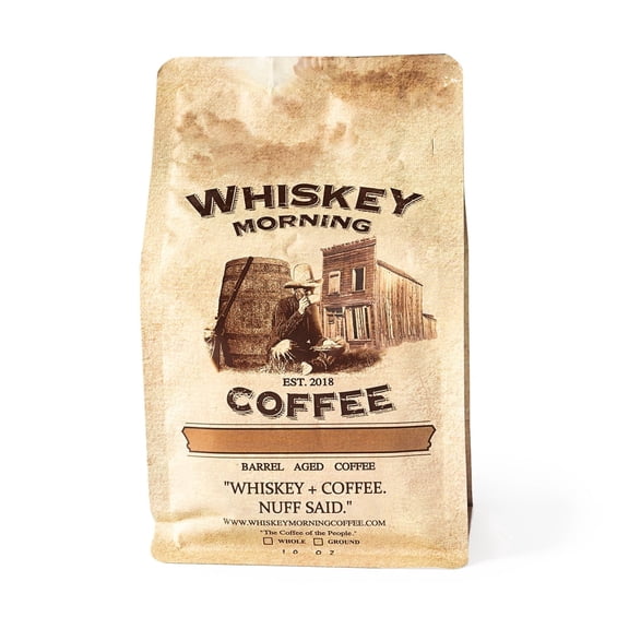 Whiskey Morning Coffee: Ground Coffee, Bourbon Barrel Aged, Medium Roast, Naturally Caffeinated