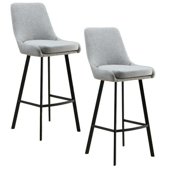 Barrel Back 43.3 in. Black Low Back Metal with Gray Linen Upholstered Seat 30 in. Bar Height Stool (Set of 2)