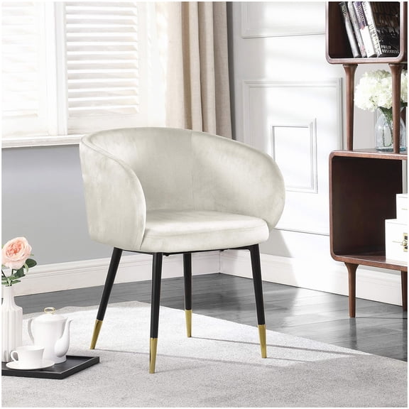 Barrel Back Accent Chair in Cream Velvet, Gold Trim and Black Metal Legs for Dining Room