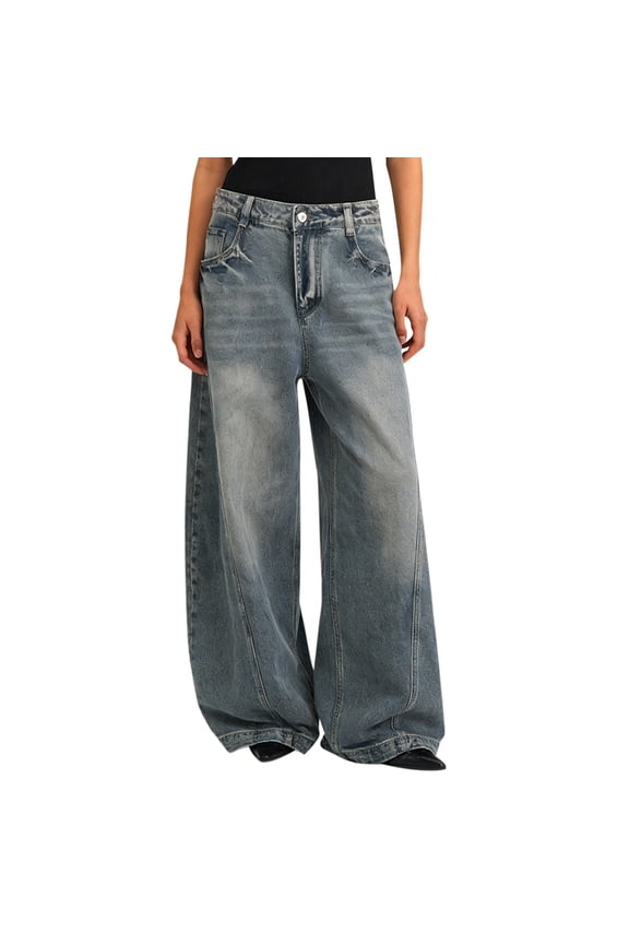 Barrel Baggy Jeans for Women Loose Wide Leg Low Rise Boyfriend Pants, Solid Color Casual Oversized Denim