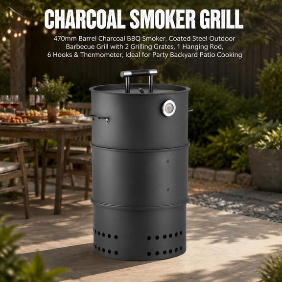 Barrel Bbq Smoker Grill, 18.5 inch Charcoal Smoker, Coated Steel Construction, 2 Cooking Grates, Hanging Rod with 6 Hooks, Built-in Thermometer