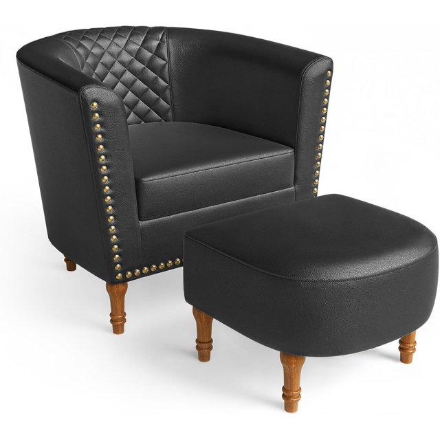 Barrel Chair, PU Leather with Ottoman, Faux Leather Armchair Club Chair