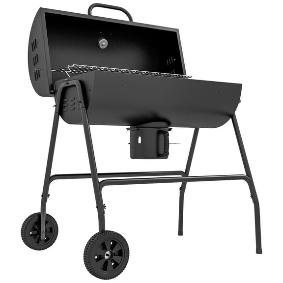 Barrel Charcoal BBQ Grill, Barbecue with 420 sq.in. Cooking Area, Wheels, Ash Catcher, Black