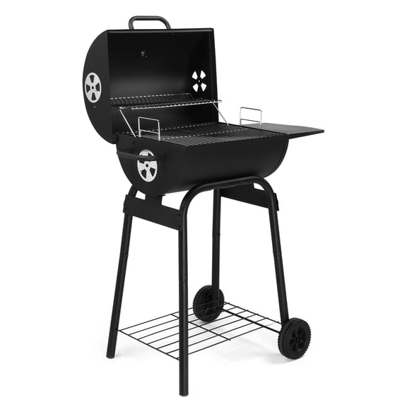 Barrel Charcoal BBQ Grill with Side Table & Wheels Outdoor Patio Backyard Cooking
