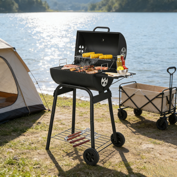 Barrel Charcoal Grill 34In With Side Table Wheels Adjustable Height Charcoal Pan Chrome Plated Grates Thermometer Outdoor BBQ Backyard Camping Picnics Patio Large Cooking Area Storage Shelf