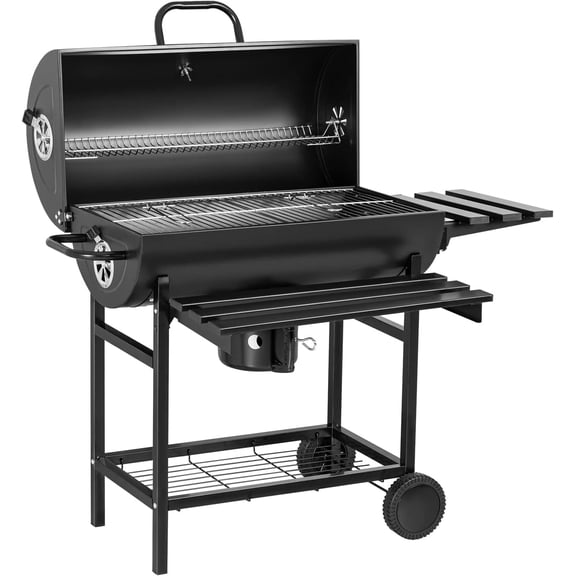 Barrel Charcoal Grill 565 sq. in. Cooking Surface Portable Free-Standing Iron Grill with Double-Layer Grates, Rotatable Upper Rack, Ash Catcher, Thermometer and 6" Wheels, Black