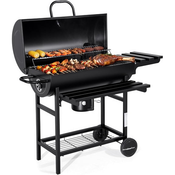 Barrel Charcoal Grill with Foldable Front Shelf, Outdoor bbq Grill with 686 Sq.in. Cooking Area, Thermometer and Adjustable Air Vents for Patio, Parties,Backyard, Tailgating, Black