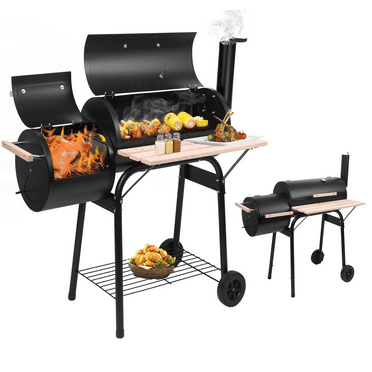 Barrel Charcoal Grill with Offset Smoker, BBQ Grill with Side Table and Wheels for Outdoor Camping, Garden, Patio and Backyard Barbecue Cooking, Black