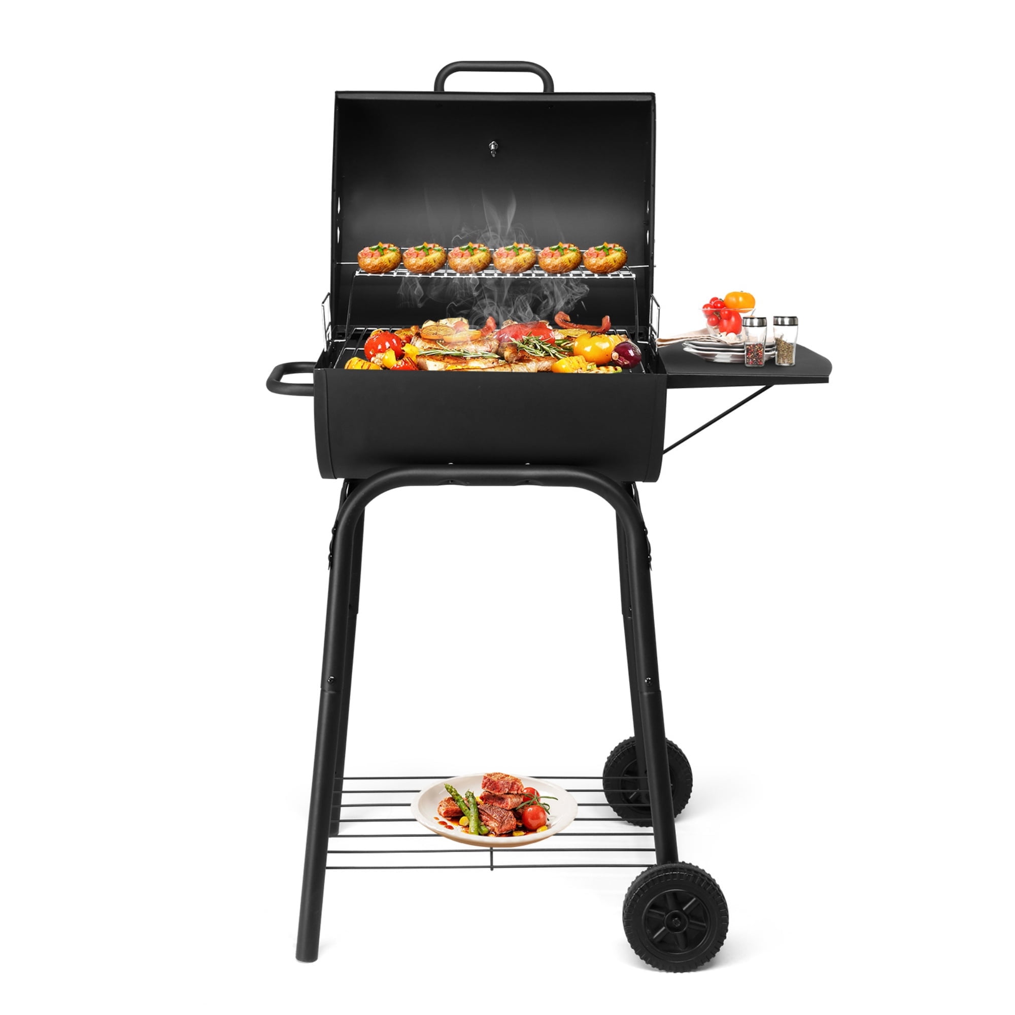 Barrel Charcoal Grill with Side Table & Wheels, 34" Outdoor BBQ Grill for Backyard Camping Picnics Pit Patio and Parties Cooking, Easy Assembly, Black