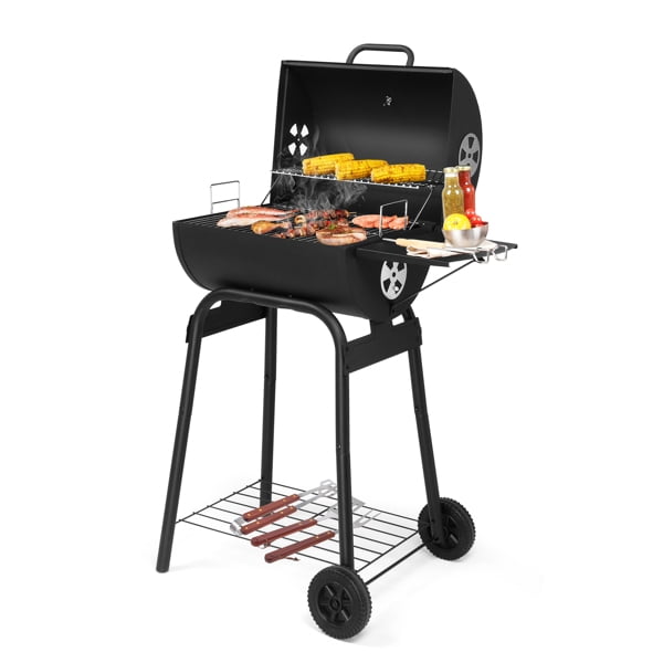 Barrel Charcoal Grill & Smoker - Adjustable Height BBQ with Side Table, Wheels & Thermometer - Powder Coated for Patio/Backyard/Camping