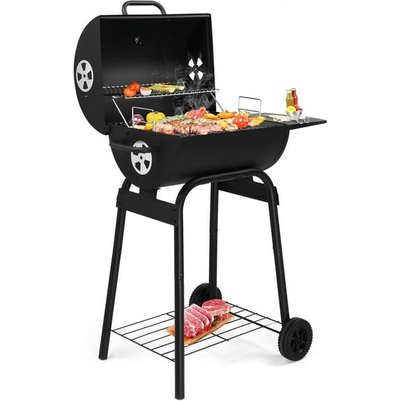 Barrel Charcoal Grill with Warming Rack, Outdoor BBQ Grill with Side Table with Nearly 268 Sq.In. Cooking Grid Area for Backyard Patio Picnic Parties Camping, Black