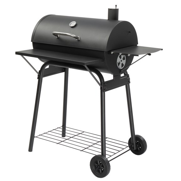Barrel Charcoal Grill with Side Front Table, 571 Sq. In. Cooking Space, for Outdoor Backyard Patio Parties, Black