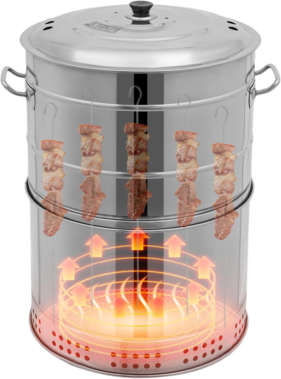 Barrel Charcoal Grills, Large Portable Stainless Charcoal Barbecue Grills 360°Outdoor Smokeless BBQ Grill with 50 Skewers for Camping Picnics Backyard Cooking