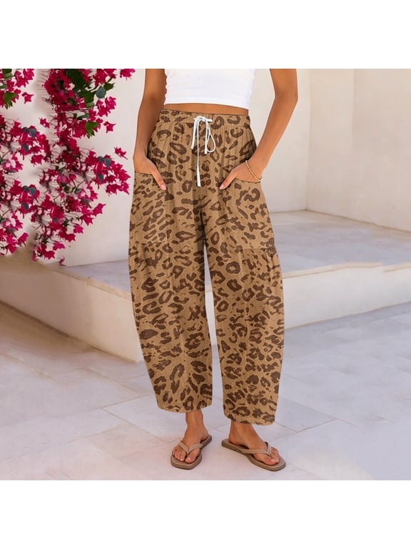 Barrel Cotton Linen Pants for Women Trendy High Waisted Drawstring Wide Leg Leopard Print Pants