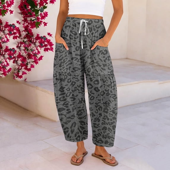 Barrel Cotton Linen Pants for Women Trendy High Waisted Drawstring Wide Leg Leopard Print Pants