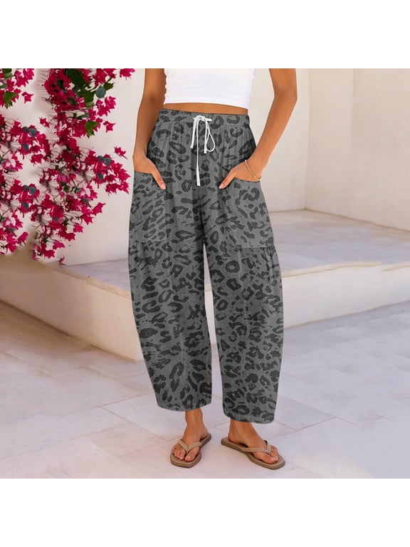 Barrel Cotton Linen Pants for Women Trendy High Waisted Drawstring Wide Leg Leopard Print Pants