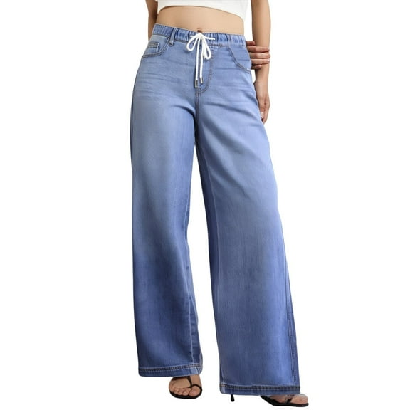 Barrel Denim Pants for Women Plus Size Drawstring High Waisted Wide Leg Loose Fit Jeans Pants Casual Stretchy Long Pant Trendy 2025 with Pockets