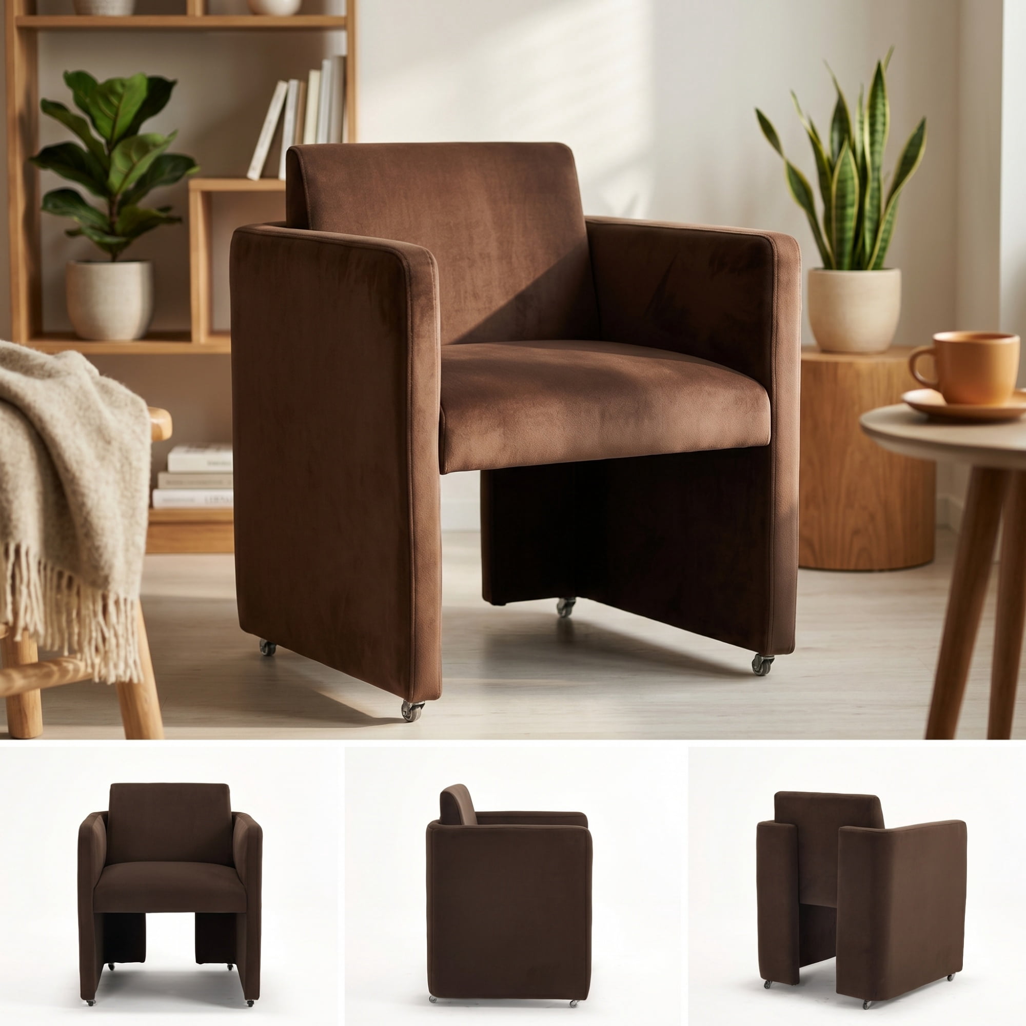 Barrel Dining Chair with Velvet Fabric and Arms, Upholstered Accent Chair and Side Seating for Living Room Home Office Reception, Velvet Chocolate