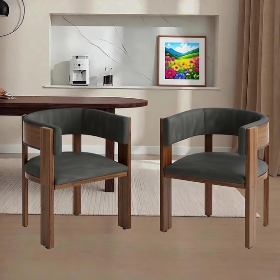 Barrel Dining Chairs Set of 2, Mid-Century Modern Kitchen Chair with Curved Backrest, Faux Leather Upholstered Arm Chair for Breakfast Nook/Studio