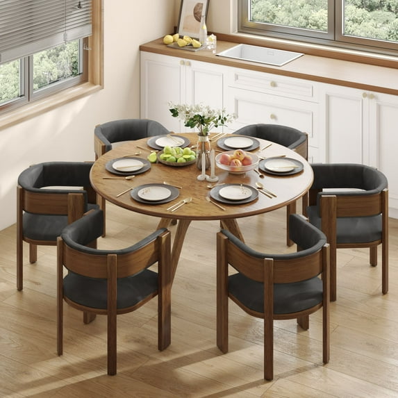 Barrel Dining Chairs Set of 6, Mid-Century Modern Kitchen Chairs with Curved Backrest, Faux Leather Upholstered Side Chair with Solid Wood Legs for Large Family Social Spaces
