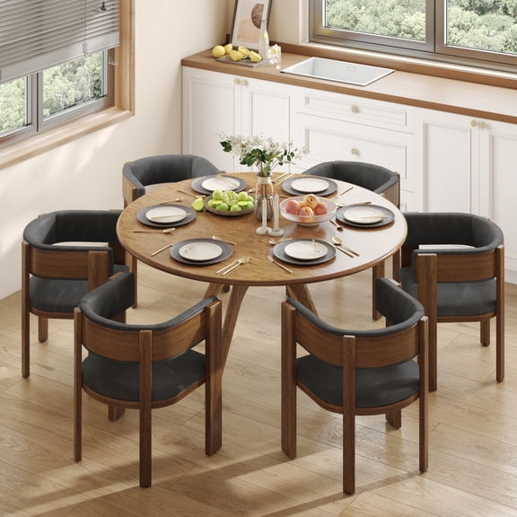 Barrel Dining Chairs Set of 6, Mid-Century Modern Kitchen Chairs with Curved Backrest, Faux Leather Upholstered Side Chair with Solid Wood Legs for Large Family Social Spaces