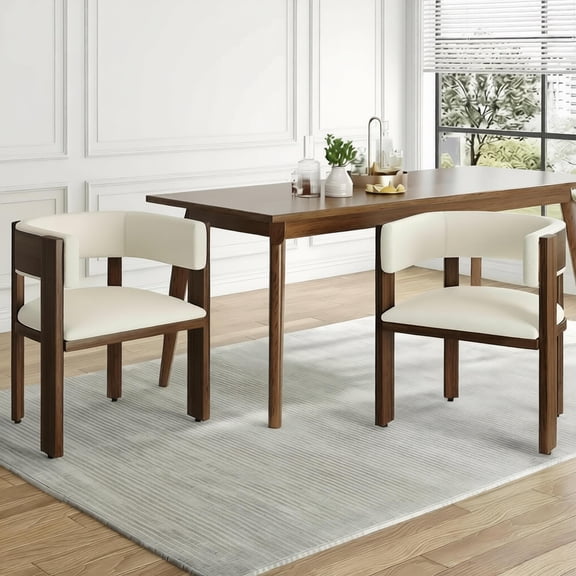 Upholstered Dining Chair Set of 2, Mid-Century Modern Kitchen Chair with Barrel Backrest, Solid Wood Legs Leather Armchair for Dining Room, Office, Living Room, 350lbs Capacity