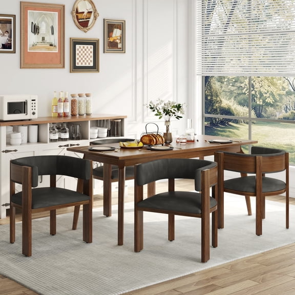 Upholstered Dining Chair Set of 4, Mid-Century Modern Kitchen Chair with Barrel Backrest, Solid Wood Legs Leather Armchair for Dining Room, Office, Living Room, 350lbs Capacity