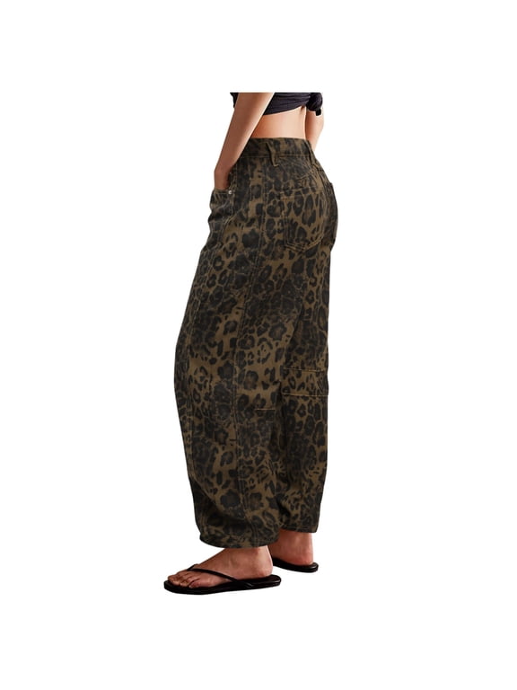 Barrel Jeans For Women Trendy Stretchy Mid Rise Barrel Jeans Leopard Print Vintage Jeans Ankle Length Denim Pants Retro Jeans Loose Trousers