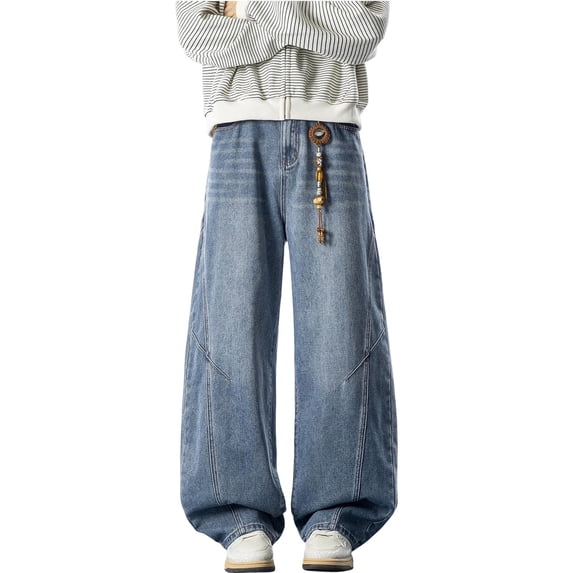 Barrel Jeans Mens Y2K Denim Pants Casual Baggy Jeans Elastic Waist Jeans for Mens Blue XL
