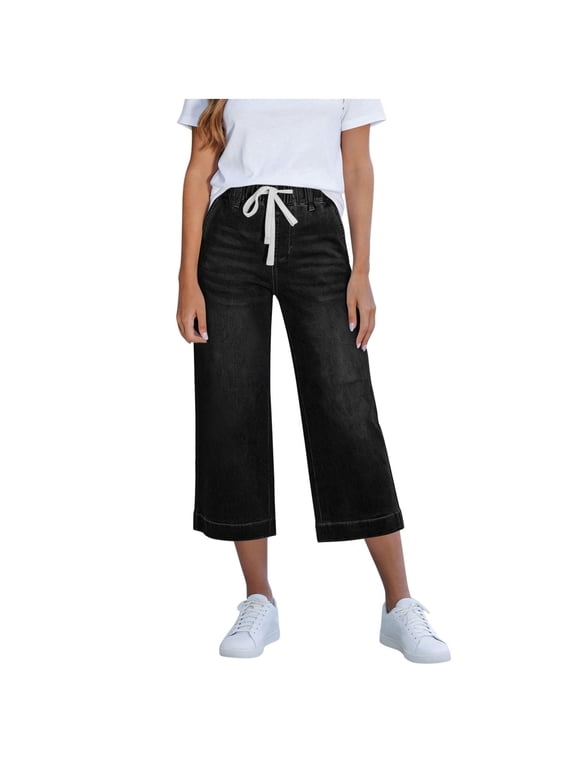 Barrel Jeans for Women Cropped Baggy High Waisted Jeans Strechy Y2K Casual Denim Pants rendy Wide Leg Capri Pants High Waisted Jeans Elastic Waist Pants Capris Jeans(Black,Waist-28.35'')