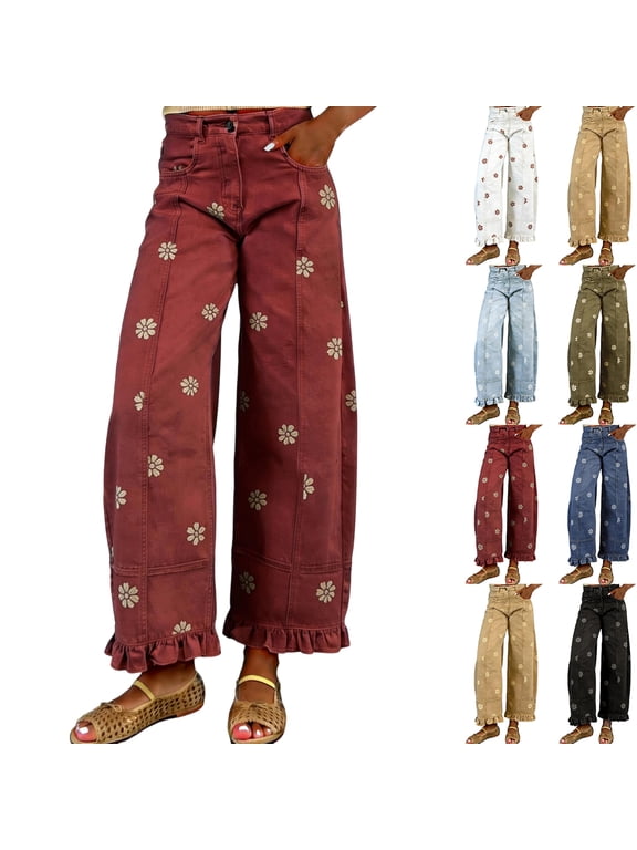 Barrel Jeans Women Pants Floral Print Wide Leg Jeans Y2k Patchwork Baggy Boyfriend Denim Floral Pants New Arrival Comfortable Casual