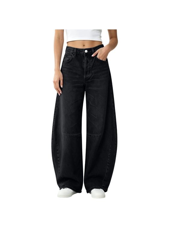 Barrel Jeans for Women Y2K Boyfriend Denim Pants Casual Baggy Jeans Elastic Waist Mid-Low Rise Wide Leg Jeans Comfy Cotton Pants Vintage Hip Hop Streetwear Airport Travel