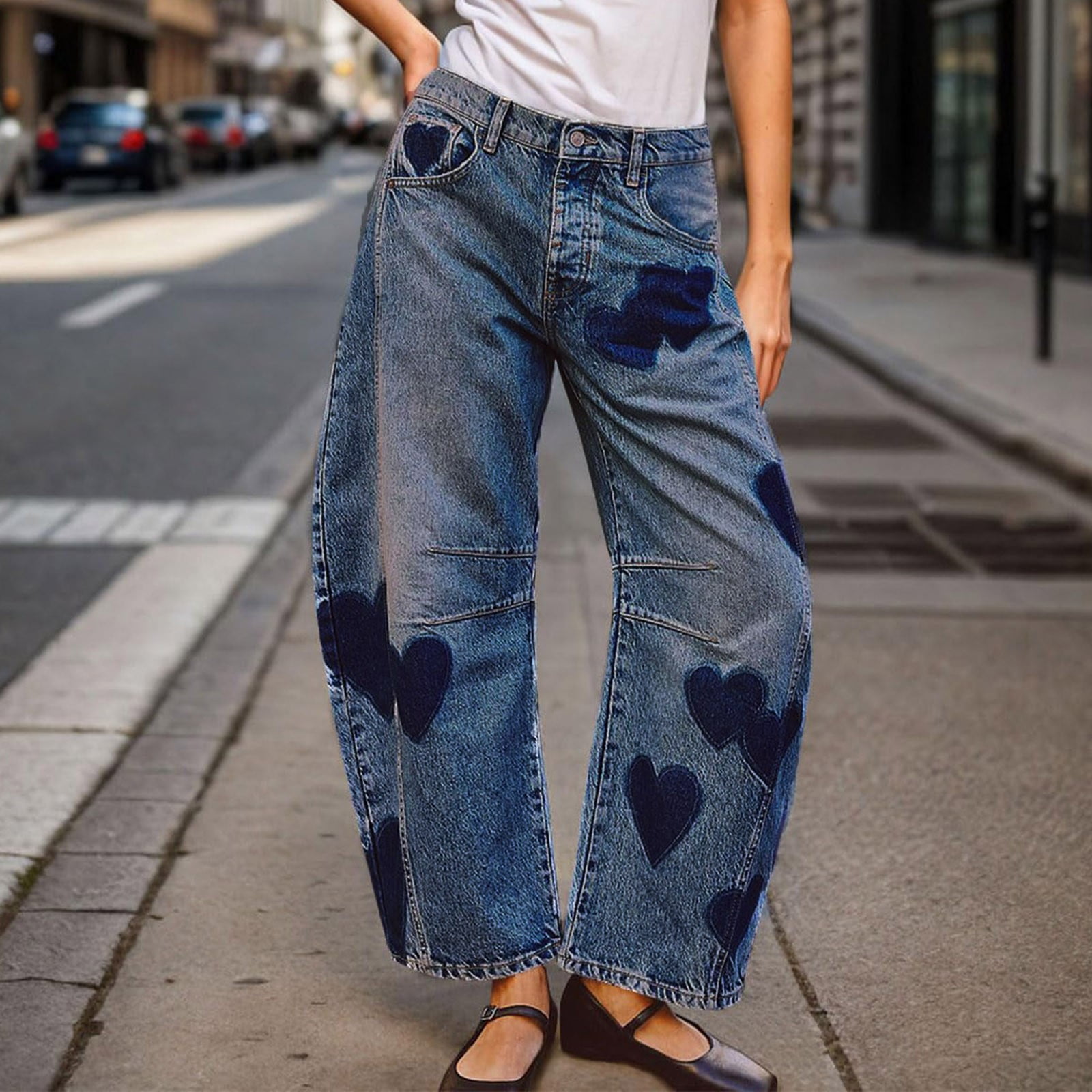 Barrel Jeans Women Y2k Mid Rise Heart Printed Wide Leg Denim Ankle