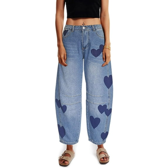 Barrel Jeans for Women Mid Rise Heart Printed Denim Ankle Pants Vintage Baggy Boyfriend Jeans