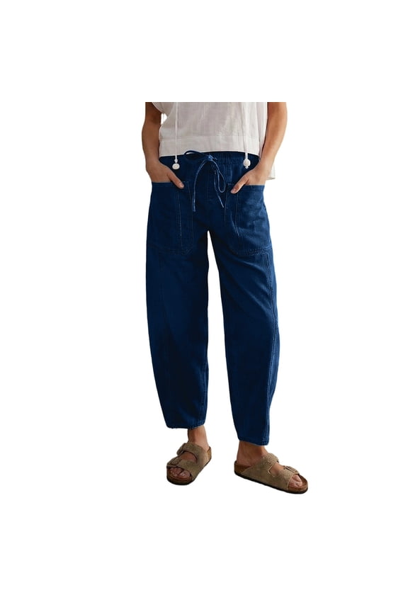 Barrel Jeans for Women Stretch Drawstring Pull-on Wide Leg Baggy Denim Pants Color Blue Size XXXL