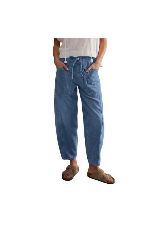 Barrel Jeans for Women Stretch Drawstring Pull-on Wide Leg Baggy Denim Pants Color Light Blue Size M