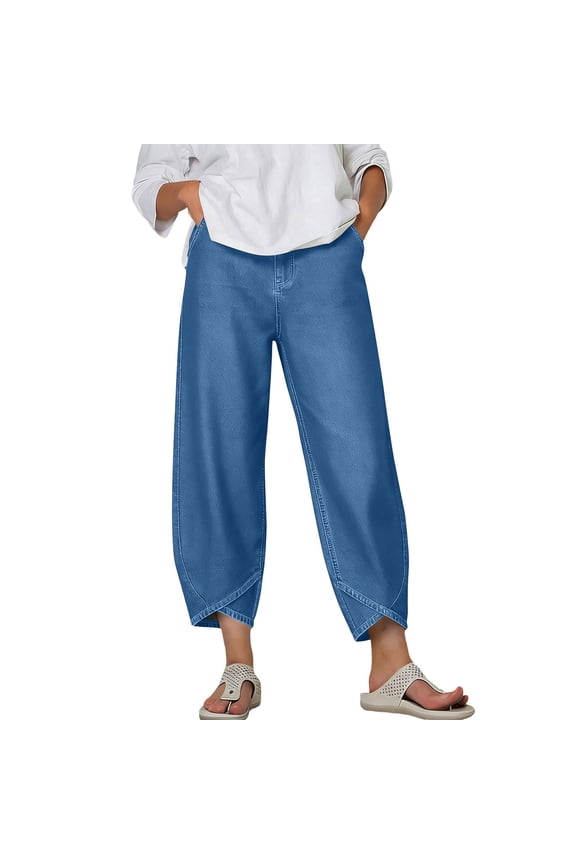 Barrel Leg Cropped Pants for Women High Waisted Elastic Stretchy Baggy Trousers Tulip Hem Casual Ankle Pant