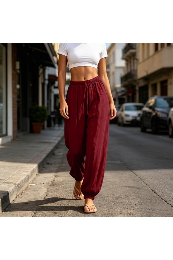 Barrel Leg Pants for Women Baggy Wide Leg Pants Linen High Waisted Balloon Pants Summer Palazzo Elastic Waist Trousers with Pockets Wine 2XL