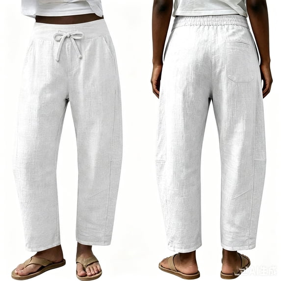 Barrel Linen Pants Women Boho Palazzo Cotton Drawstring Capris Plus Size Summer Beach Vacation Casual Baggy Trousers L