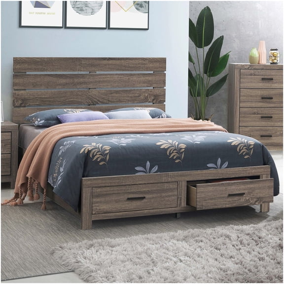 Barrel Oak Queen Size Platform Bed with Storage Drawers, Wooden Bed Frame, No Box Spring Required