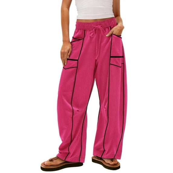 Barrel Pants Women Baggy High Waisted Wide Leg Pants with Pockets Fall Casual Lounge & Beach Trousers Hot Pink L