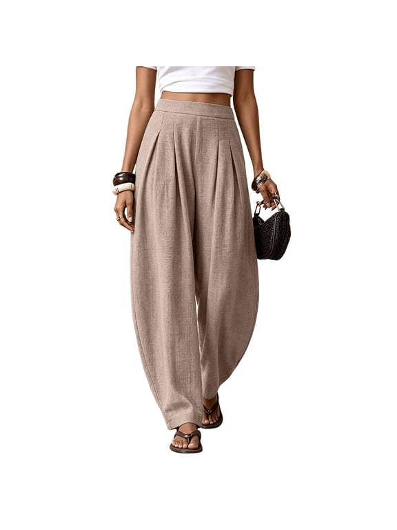 Barrel Pants Women Cotton Linen Wide Leg Palazzo Pleated Boho Baggy Trousers Summer Boho Balloon Harem Pants for Beach Vacation Loose Fit Lounge Pull On Fashion Solid Yoga Harem Pants Beige