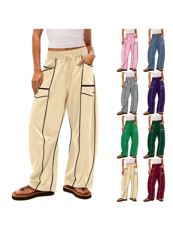 Barrel Pants Women High Waisted Wide Leg Drawstring Sweatpants with Pockets Baggy Fall Beach & Vacation Trousers Gray L