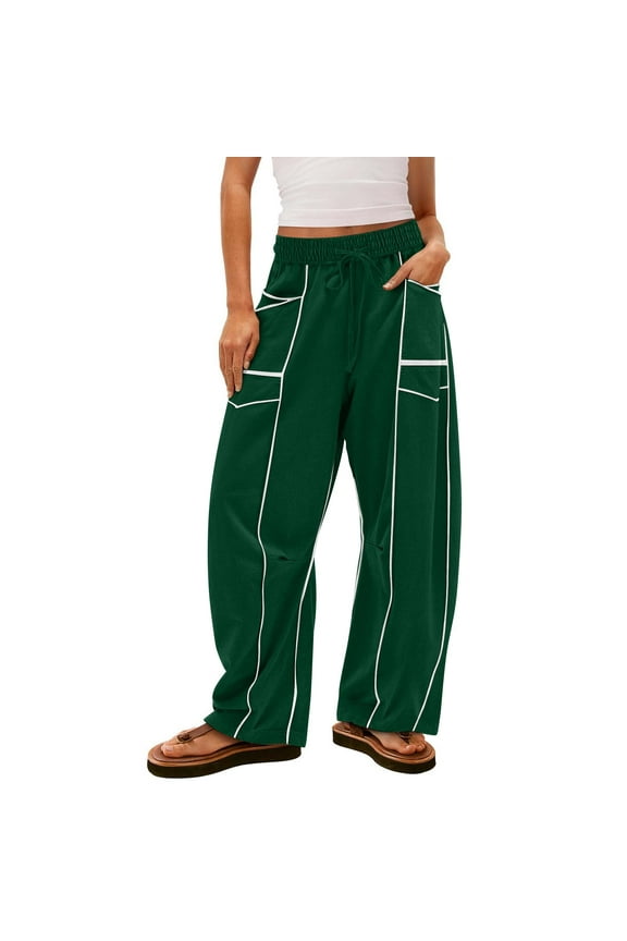 Barrel Pants Women Wide Leg Vacation Pants High Waisted Drawstring Baggy Pants with Pockets Barrel Lounge & Beach Outfits​ Dark Green M