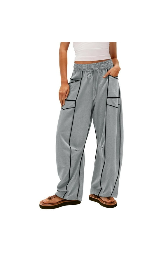 Barrel Pants Women Wide Leg Vacation Pants High Waisted Drawstring Baggy Pants with Pockets Barrel Lounge & Beach Outfits Gray M