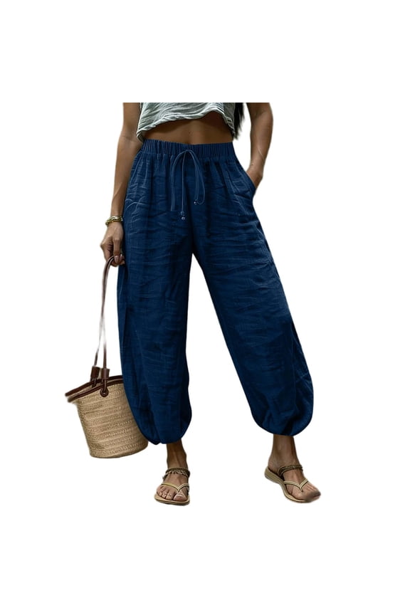 Barrel Pants for Women Cinch Bottom Elastic Drawstring Waist Linen Wide Leg Trousers Loose Beach Lounge Wear (L, Blue)